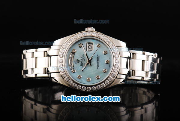 Rolex Day-Date Oyster Perpetual Chronometer Automatic Movement Light Blue MOP Dial with Diamond Bezel and Diamond Markers - Click Image to Close